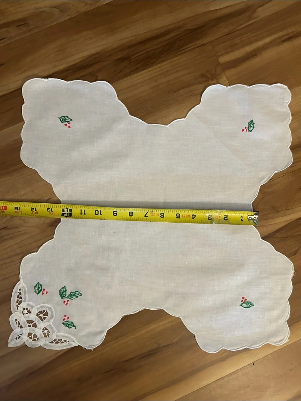 Vintage White Embroidered Linen Doily with Green Leaves & Red Berries